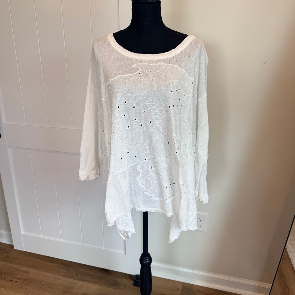 Free People White Embroidered Eyelet Mesh Sharkbite Hem Top XS OB1325869